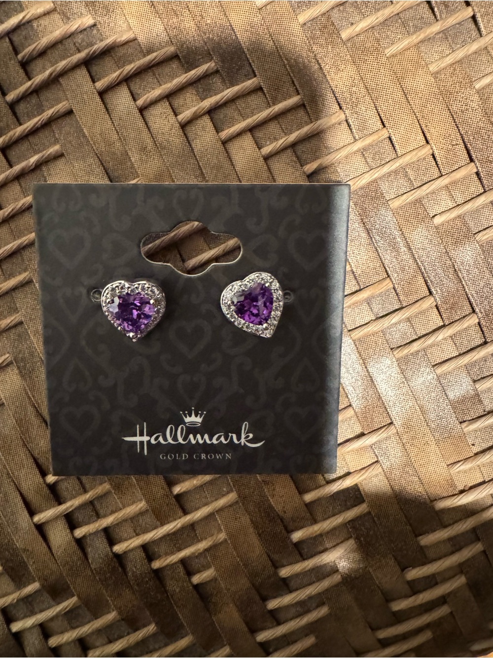 Hallmark Silver Heart Stud Earrings with Purple Crystals
